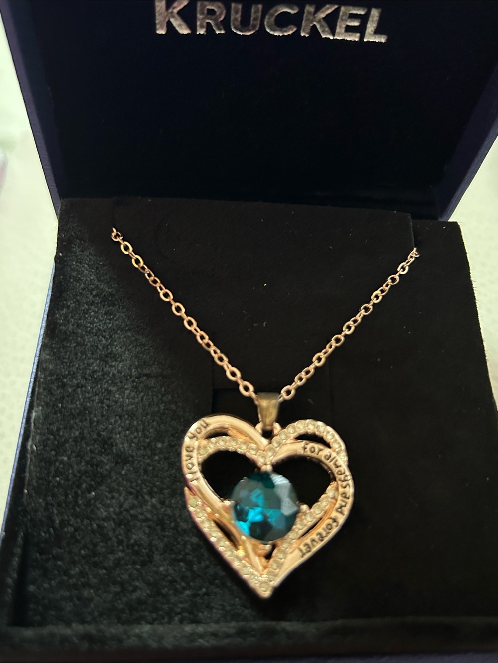 Gold Heart Pendant Necklace with Blue Crystal